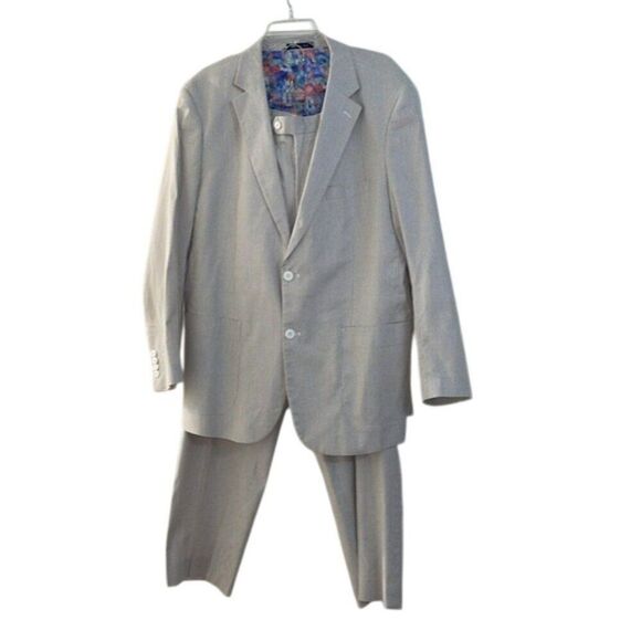 Alan Flusser Grey Seersucker Striped Suit Mens size XL and 40x30